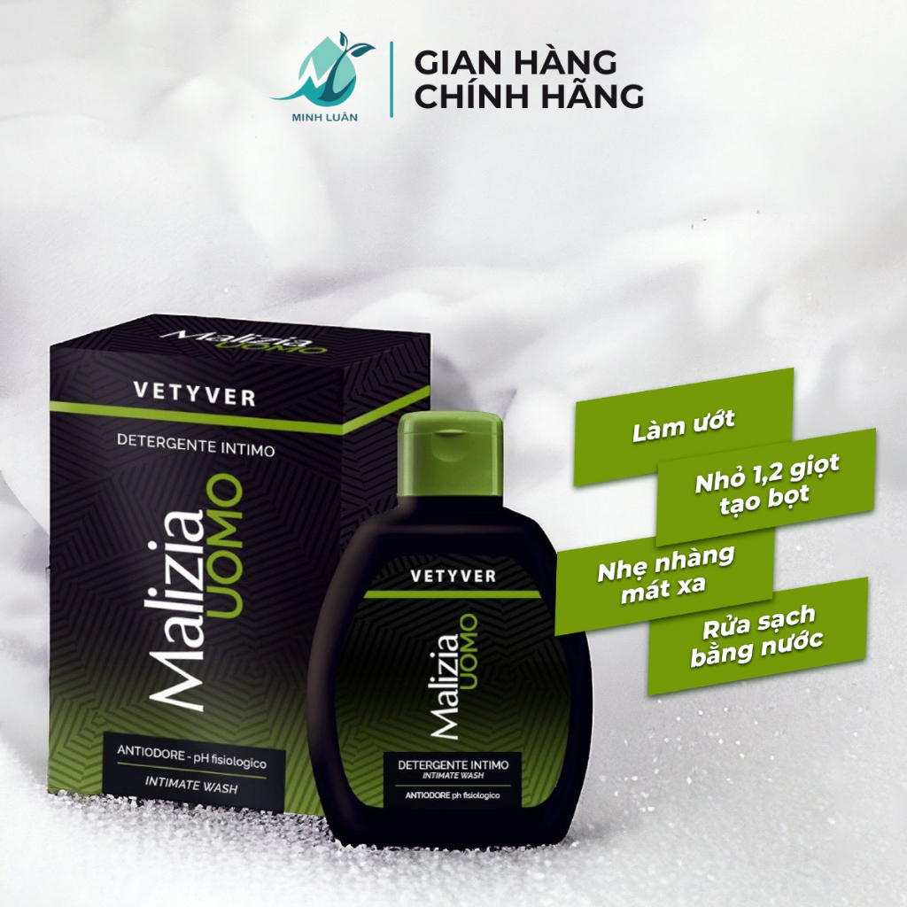 Dung dịch vệ sinh nam Malizia hương cỏ thơm Vetyver Uomo ngăn mùi, ngừa vi khuẩn 200 ml