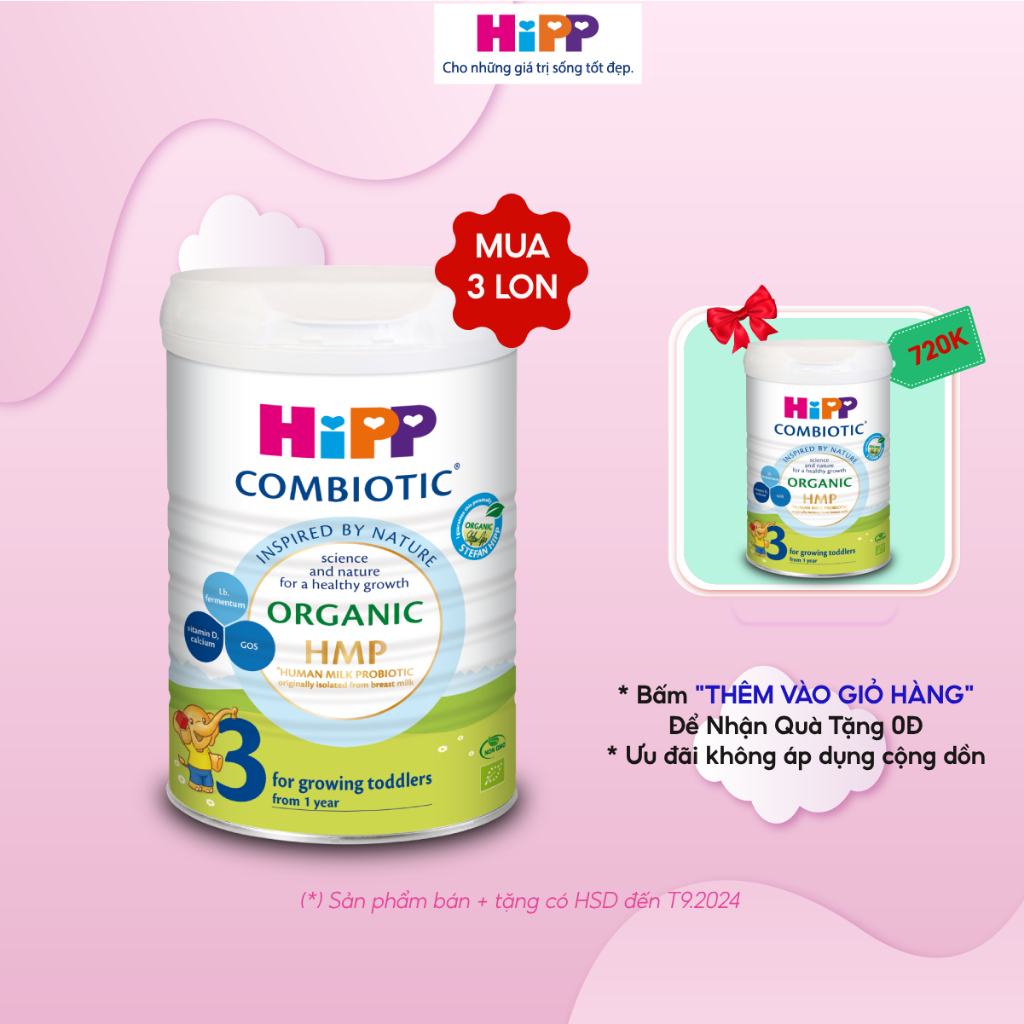 [HSD T9.24] Sữa bột công thức HiPP 3 Organic Combiotic 800g hỗ trợ tiêu hóa và tăng chiều cao dành cho trẻ nhỏ