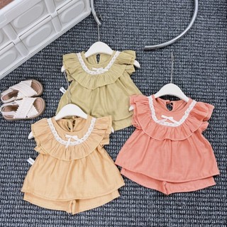 Bộ cộc tay bánh bèo bé gái - Bộ cộc tay bé gái chất liệu đũi lạnh mềm mát 6-14kg