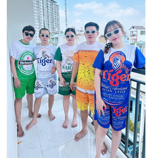 Bộ quần áo thể thao nam nữ in 5 mẫu Bia Mới 2025, sét đồ ngắn đi chạy mùa hè tập GYM vải thun lạnh C