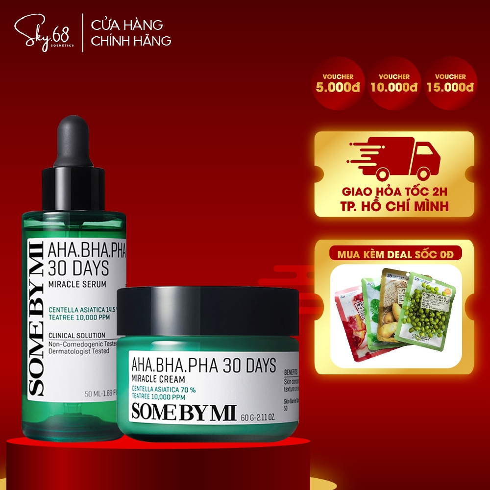 Combo giảm mụn Some By Mi AHA-BHA-PHA 30 Days Miracle (Serum 50ml, Kem 50ml)