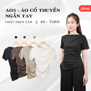 Áo Thun Tăm Hàn Nhún Eo Cổ Thuyền Ngắn Tay - Top Sơ Mi, Áo, Áo Kiểu Nữ - A05