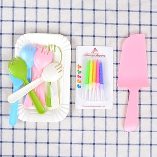 Bộ dao dĩa nến sinh nhật - set 10 đĩa giấy + 10 dĩa + 1 dao + 1 vỉ nến
