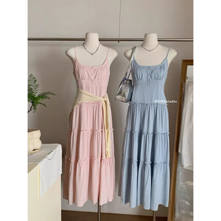 Váy 2 dây suông lụa nhún tầng chuẩn WG.WE buộc eo sau Nữ Dress