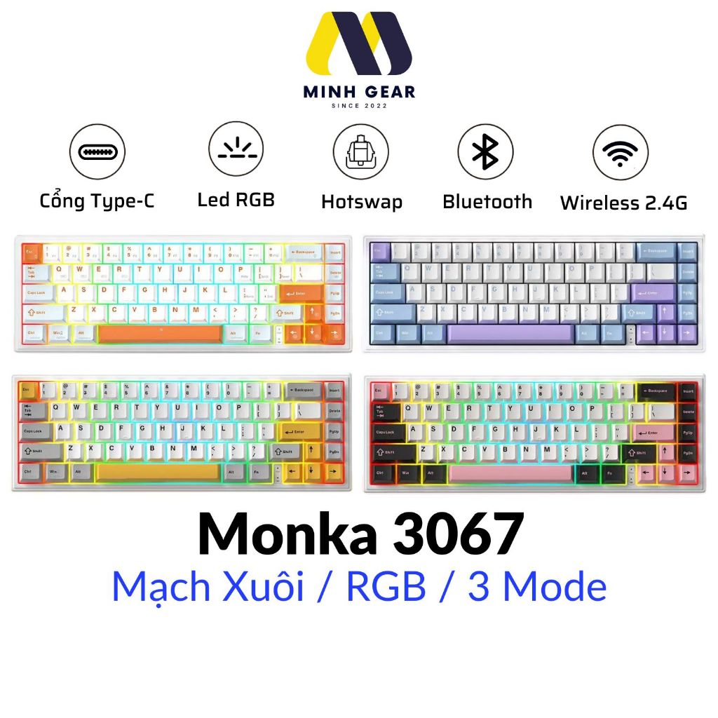 MONKA 3067 - Bàn phím cơ MONKA 3067 Không Dây, Mạch Xuôi, Led RGB, Kết Nối 3 Modes