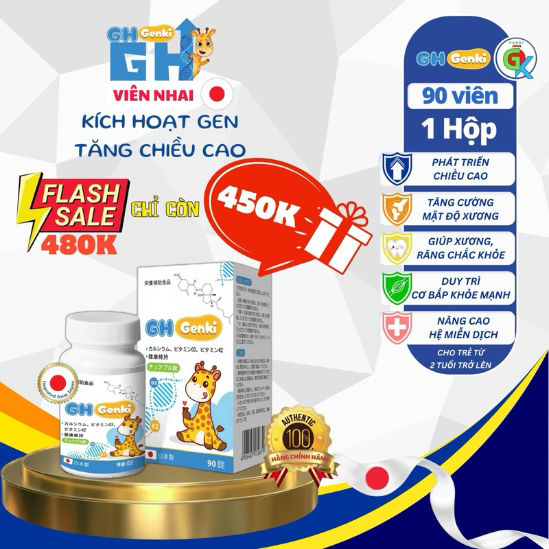 GH Genki Nhật Bản - Viên nhai kích hoạt gen tăng chiều cao hộp 90 viên