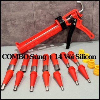 Combo súng bắn keo silicone và 14 đầu vòi, dụng cụ bơm keo silicone, bắn keo silicone