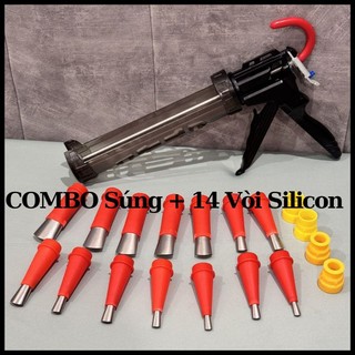 Súng bắn keo silicone tự ngắt có trợ lực và 14 đầu vòi keo silicone, dụng cụ bơm keo silicone, súng silicone