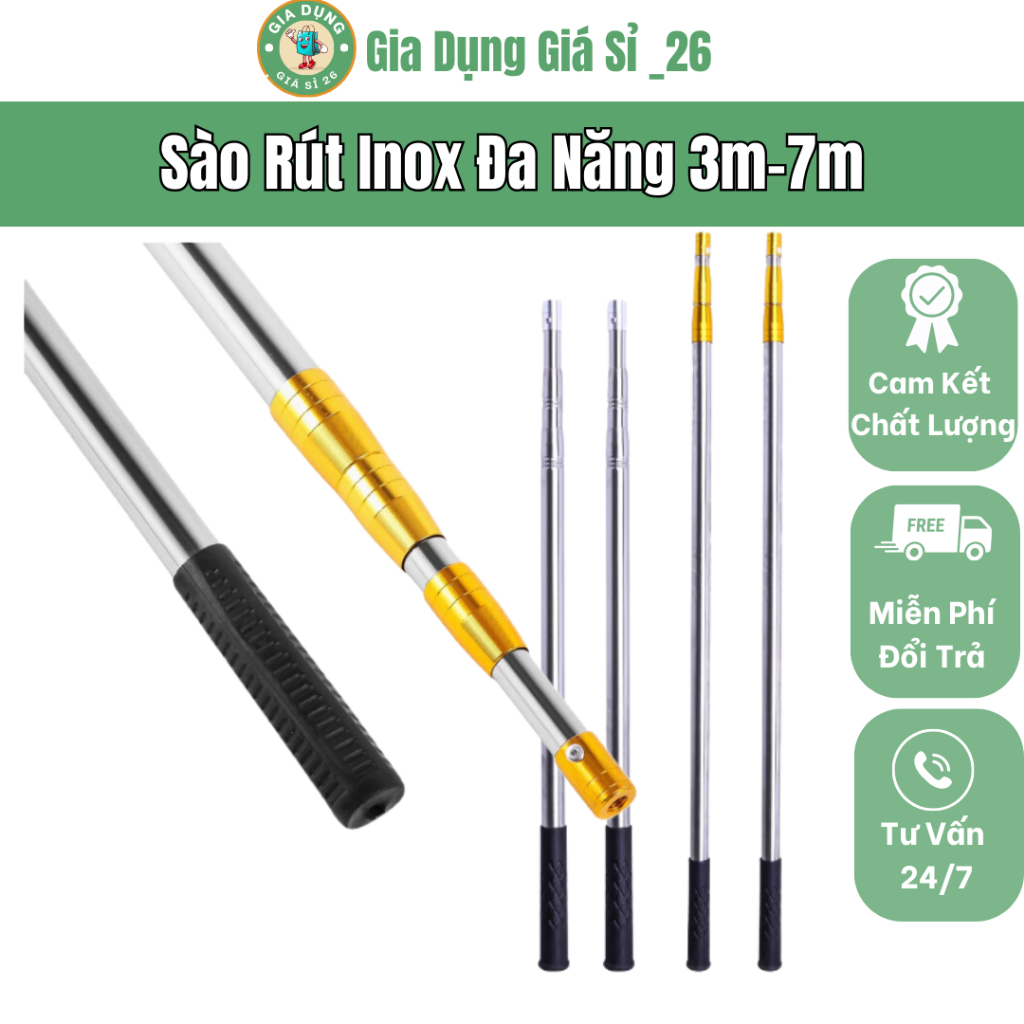 Sào Rút Inox Đa Năng, Kèm Móc Treo, Liềm Cắt, Cưa Cành Treo Lồng Chim, Treo Quần Áo, Bẫy Chim Dài 3m,4m,5m,6m,7m