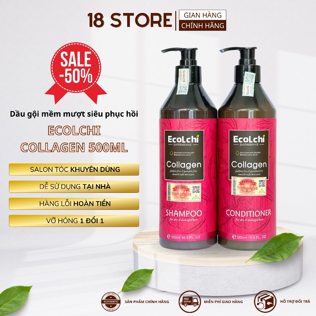 Dầu gội xả siêu mềm mượt Ecolchi Collagen 500ml phục hồi tóc hư tổn, dưỡng tóc khô xơ rối, uốn nhuộm CH