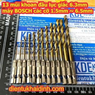 combo 13 mũi khoan đầu lục giác 6.3mm cho máy BOSCH các cỡ 1.5mm ~ 6.5mm kde4637