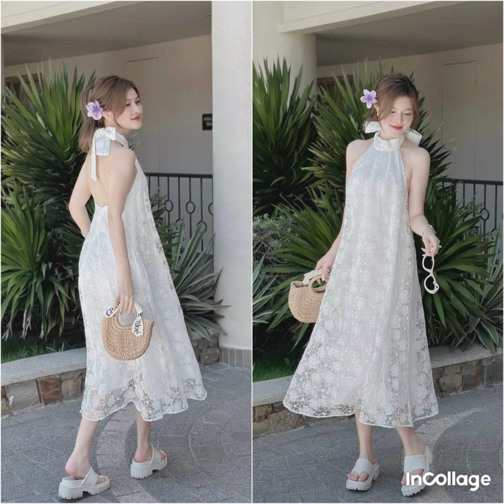 Đầm ren hoa thêu cột nơ cổ thiết kế hở lưng trẻ trung sang chảnh