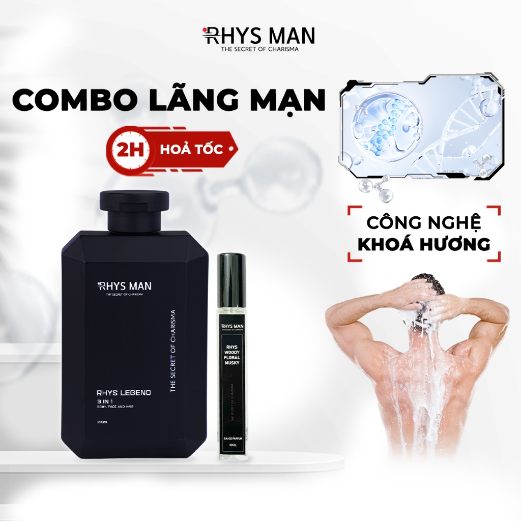 Bộ quà tặng nam Sữa tắm gội nam 3 in 1 hương nước hoa 350ml & Nước hoa nam lịch lãm 10ml RHYS MAN