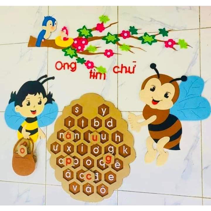 Bộ ong tìm chữ góc steam trang trí mầm non
