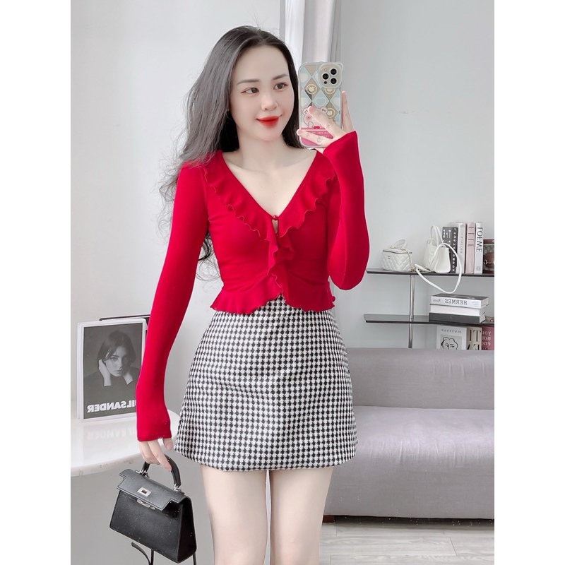 AO25 Áo Nhung Nhũ Tay Dài Phối Bèo Form Croptop Xinh