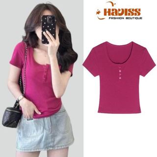 Áo phông thun tăm nữ Haviss cộc tay cổ U phối cúc ngực màu trơn basic co giãn tốt nhiều màu thời trang hè siêu mát
