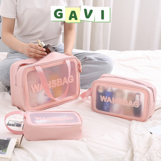 Set 3 túi đựng mỹ phẩm Washbag - Bộ 3 túi du lịch trong suốt gấp gọn đựng đồ trang điểm WASHBAG hồng chống thấm nước