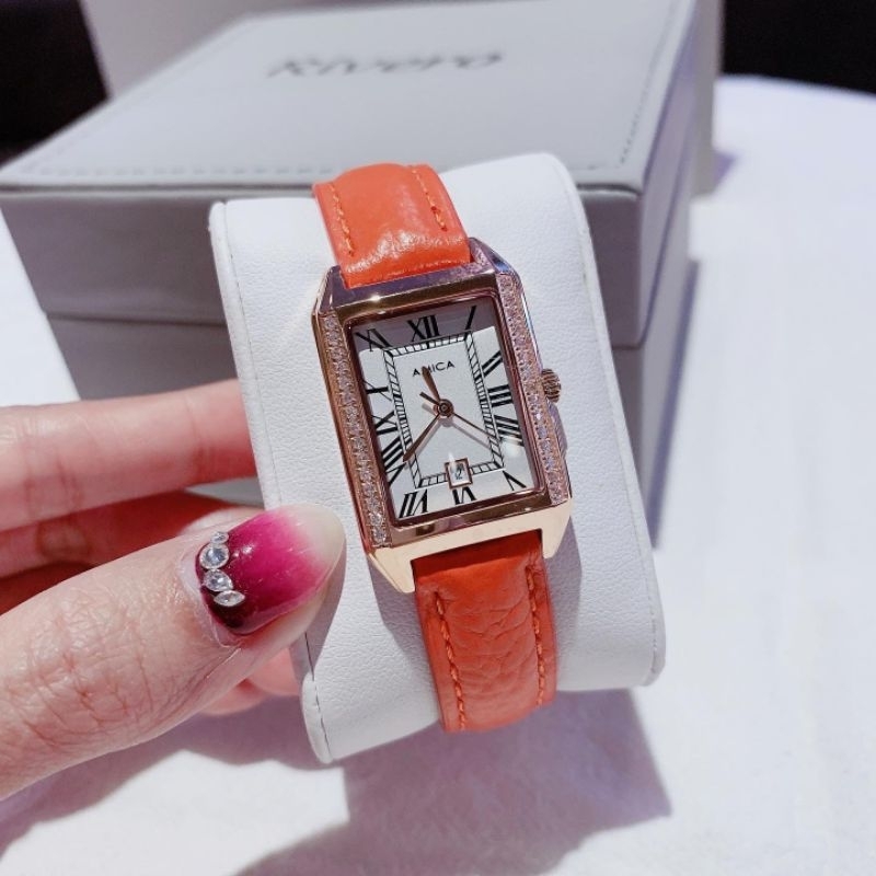 [ Chính Hãng 100%] Đồng Hồ Nữ Amica A042 Mặt Chữ Nhật Máy Quartz (Pin) Kính Sapphiare Dây Da Cam Ros