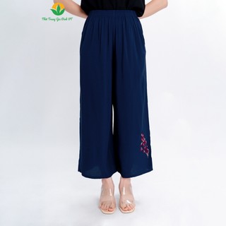 Quần dài lanh nữ trung niên thêu họa tiết , quần ống suông rộng thời trang Việt Thắng - Q06.2403