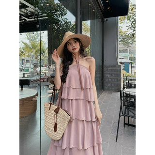 [RÁCH STORE] Đầm -48975-trơn-cổ yếm-nhiều tầng
