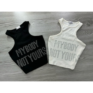Áo thun 3 lỗ sát nách chữ in dán đá fom croptop