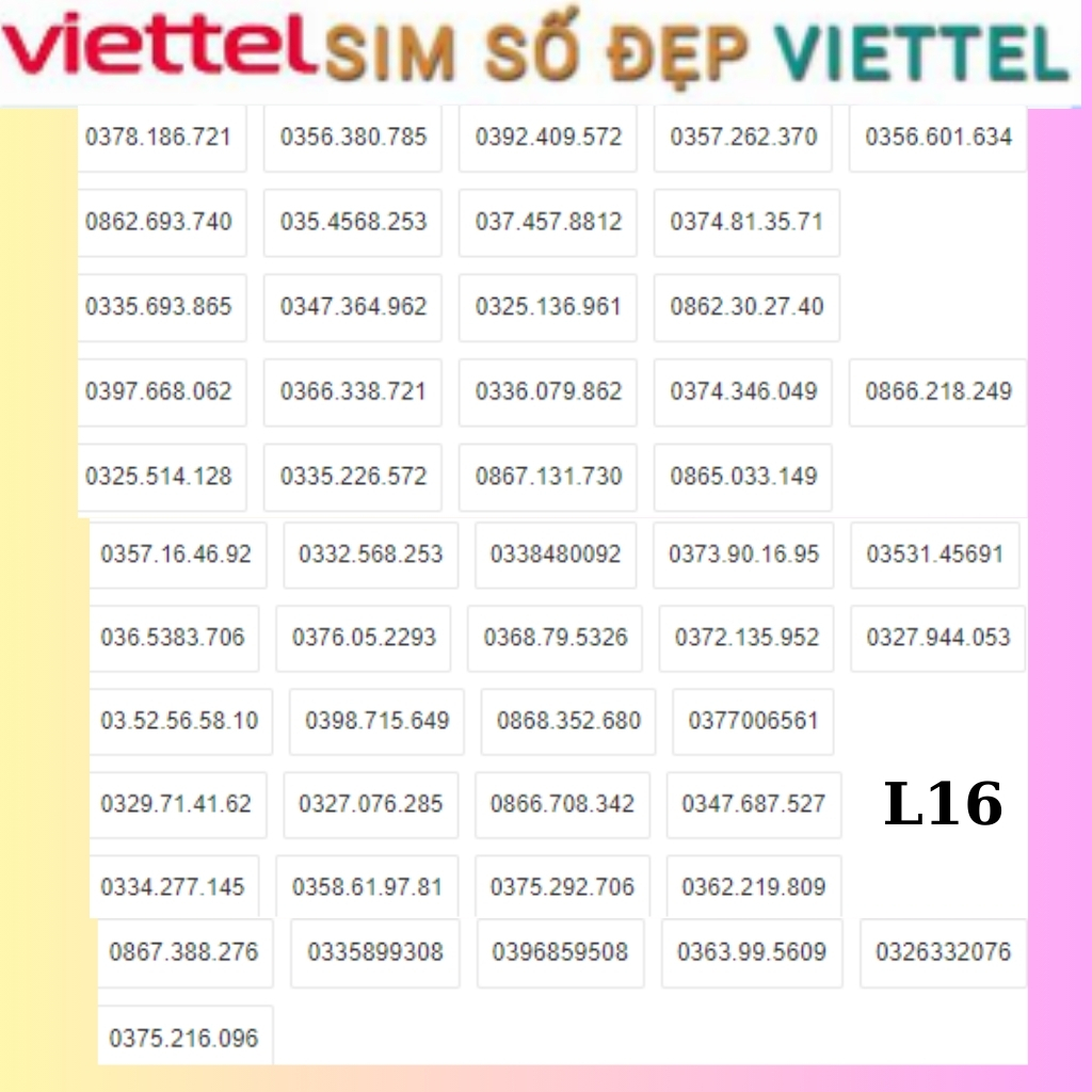 Lô 16) Sim Viettel đầu số 0339,0345,0333,0332.,Chọn Số thoải mái,giá rẻ,đăng ký chính chủ.