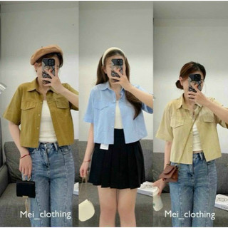 Áo sơ mi croptop , áo sơ mi nữ tay ngắn túi nắp basic vintage QC
