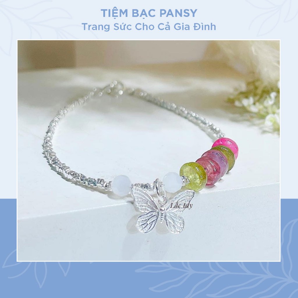 Lắc tay bạc nữ PANSY, vòng tay hạt vỡ mix đá tourmaline đa sắc xinh xắn