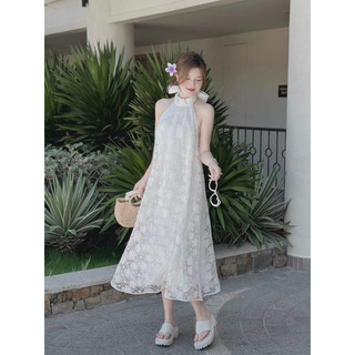 Đầm váy thời trang nữ mới mặc đi chơi, đầm ren hoa thêu cột nơ y hình cổ yếm mẫu thiết kế bánh bèo sành điệu