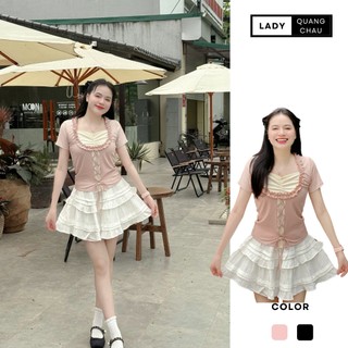 Set combo áo coquette ngắn tay cố tròn dây thắt nhún màu hồng phối chân váy ngắn trắng hai tầng vải đũi mềm bo chun LADY