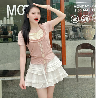  Set áo coquette cộc tay cố tròn thắt dây màu hồng phối chân váy ngắn trắng hai tầng vải đũi mềm bo chun DELIZ 