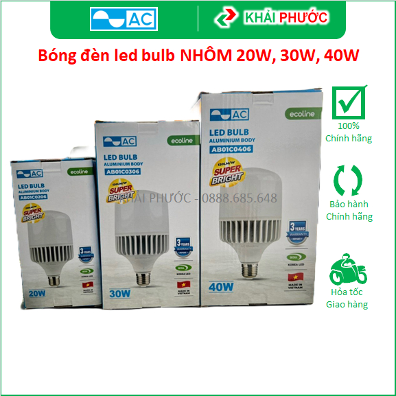 Bóng đèn led bulb búp trụ nhôm 20W 30W 40W AC Ecoline ánh sáng trắng AB01C0206 AB01C0306 AB01C0406 C