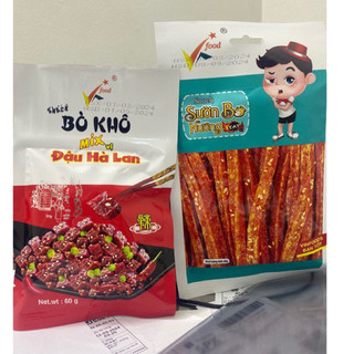 Snack ăn vặt bò khô mix đậu hà lan/ que vị sườn bò nướng cay 60g