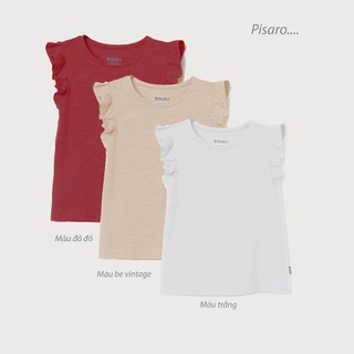 Áo thun ba lỗ bé gái PISARO, áo phông cổ tròn phối tay bèo, chất liệu 100% cotton xước thoáng khí mặc hè