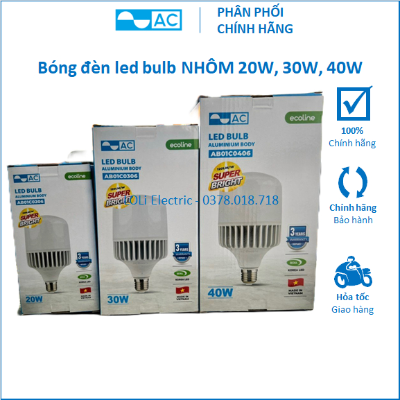 Bóng đèn led bulb búp trụ nhôm 20W 30W 40W AC Ecoline ánh sáng trắng AB01C0206 AB01C0306 AB01C0406 -