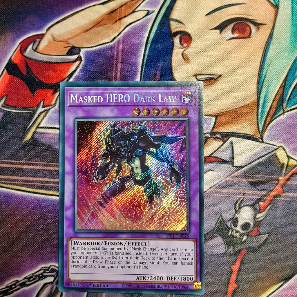 Thẻ bài Yugioh chính hãng | Masked HERO Dark Law | RA01 Secret Rare.