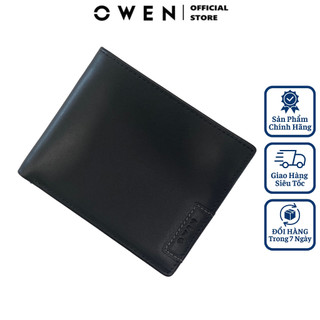 Ví da bò nam cao cấp OWEN VID221568 kiểu bóp ngang đựng tiền đẹp nhỏ gọn chất liệu da bò màu đen trơn