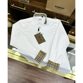 Áo sơ mi nam nữ dài tay BBR lụa thêu logo ngực check cổ và ống tay kẻ sọc be basic SM134P