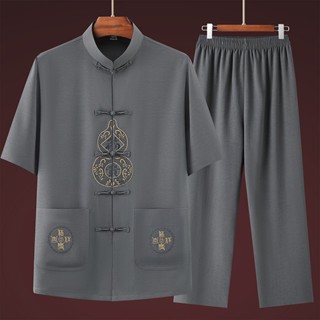 Quần áo trung niên nam, Bộ trung niên nam cổ tàu thêu, Đồ bộ trung niên chất liệu đũi thái mềm mại, Không nhăn