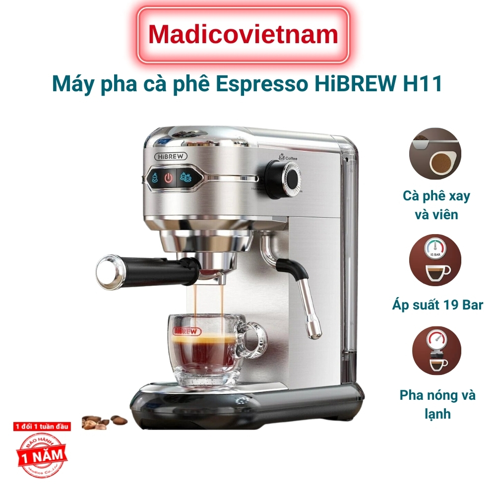 Máy pha cà phê Hibrew H11 pha cafe espresso Hệ thống đánh sữa nâng cấp cho bọt sữa mịn hơn, công suất 1450W