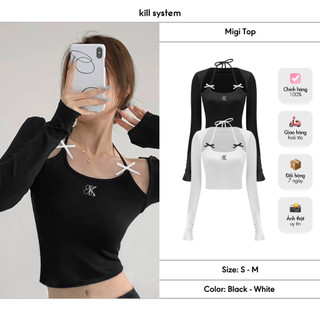  Áo cổ yếm tay dài Kill System hình thêu logo đính nơ Migi