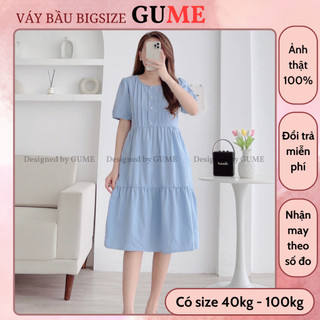 Đầm bầu công sở 40-130kg - váy bầu gume váy đũi xanh 3 tầng cúc ngọc tay cộc gm012