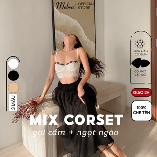 Áo Corset Ren Mi Nữ Có Gọng Nâng Có Mút Mỏng Lắp Rời Cup Ngang Nửa Quả Mix Viền Đen Gợi Cảm Mebra
