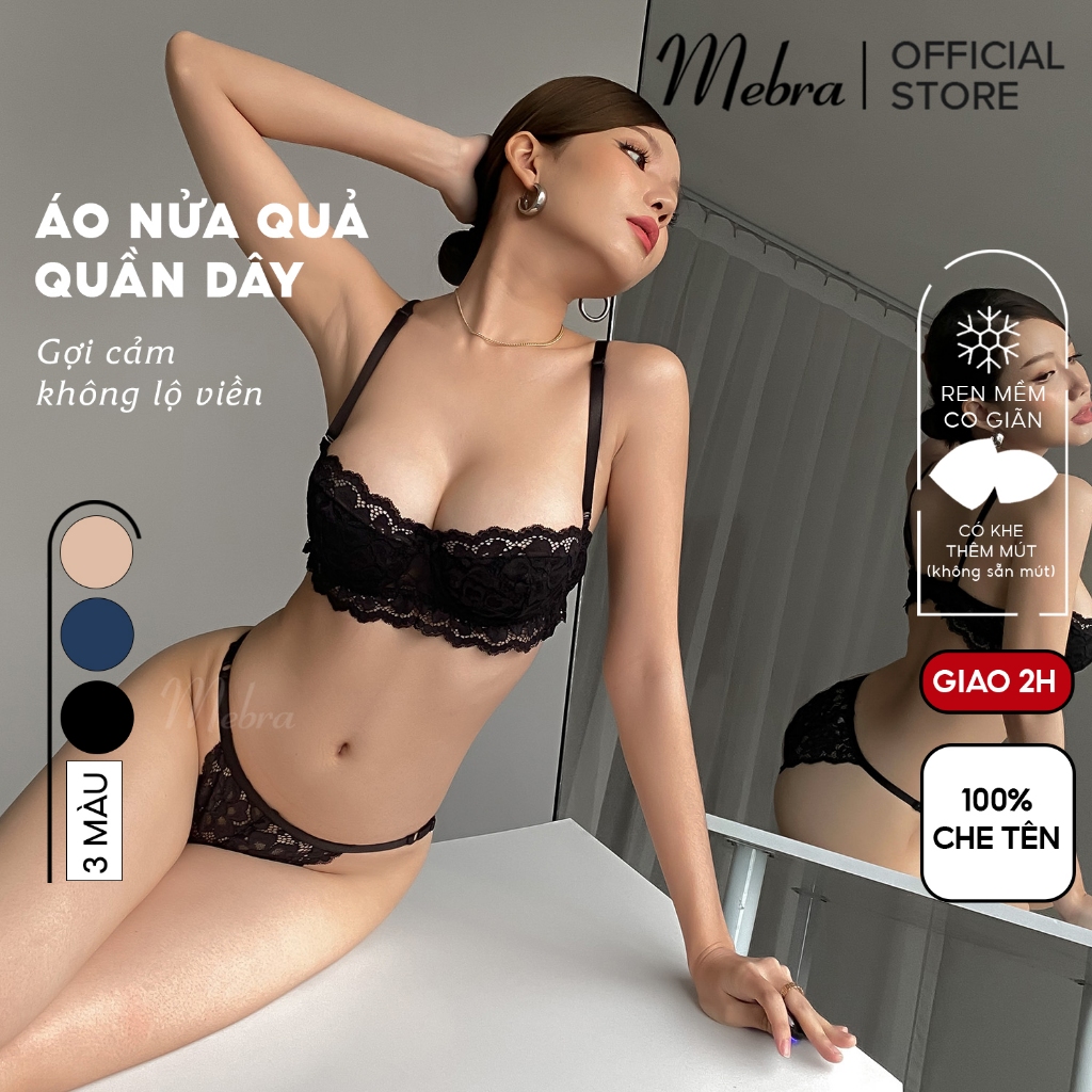 SELINA | Bộ Đồ Lót Ren Nữ Cup Ngang Nửa Quả Đen Và Nude Có Gọng Nâng Ngực Quần Lót Dây Gợi Cảm Mebra