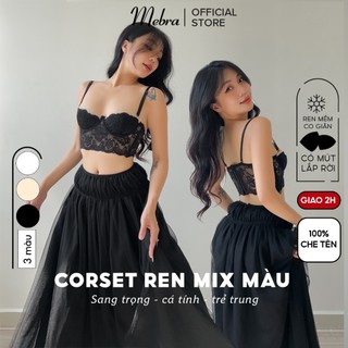 Áo Bra Ren Cup Ngực Corset Nữ Quả Ngang Có Gọng Có Mút Đen Mix Viền Nu Croptop Gợi Cảm Thiết Kế Độc Quyền Mebra