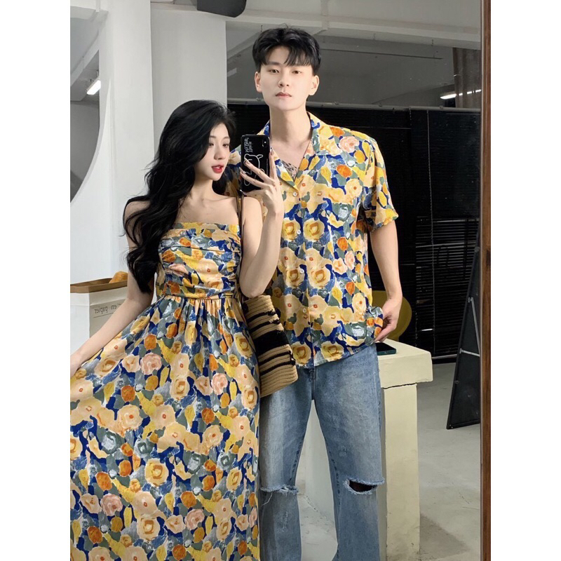 Set đồ đôi hoa vàng váy nữ 2 dây trẻ trung