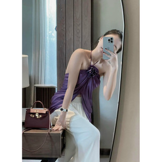Áo lụa satin đính hoa hở lưng cột dây yếm