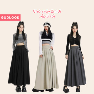 Chân Váy Suông Dáng Dài GUDLOOK Midi Xếp Ly Rối 3 Màu Đen Be Ghi