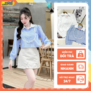 Áo sơ mi cổ sen phối viền ren nữ tính Áo Sơmi thời trang Hàn Quốc C&H Clothing