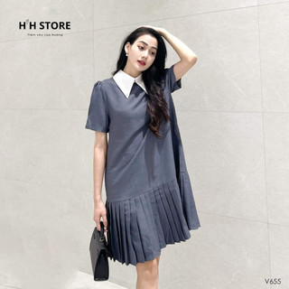Đầm suông đuôi cá xếp ly cổ sơ mi, váy suông dáng dài đến gối